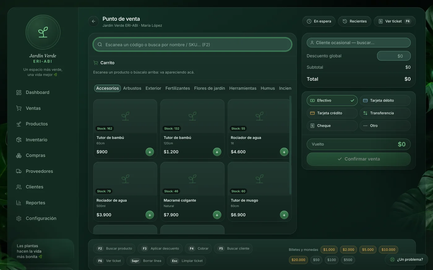 Interfaz del punto de venta DITAP Vivero con catálogo y carrito