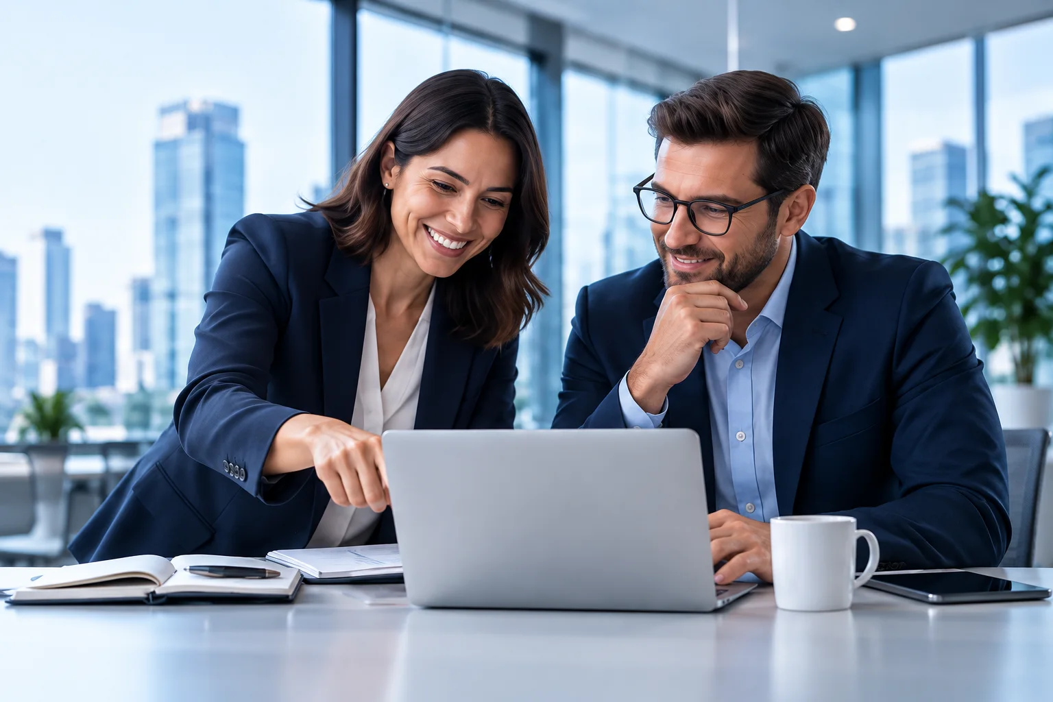 Illustrative scene of two professionals reviewing company information.